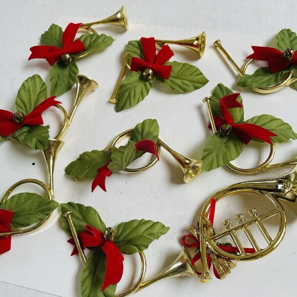 Gold Horn Napkin Rings Poinsettia Green Red Bells Christmas Holiday Party - Picture 6 of 6